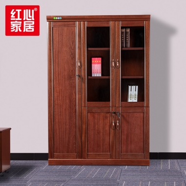 【红心家居】贴木皮油漆3门书柜带锁办公文件柜资料柜玻璃门书柜 左三门