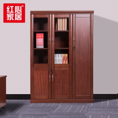 【红心家居】贴木皮油漆3门书柜带锁办公文件柜资料柜玻璃门书柜 右三门
